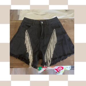 Elegant Black Denim Shorts with Fringe